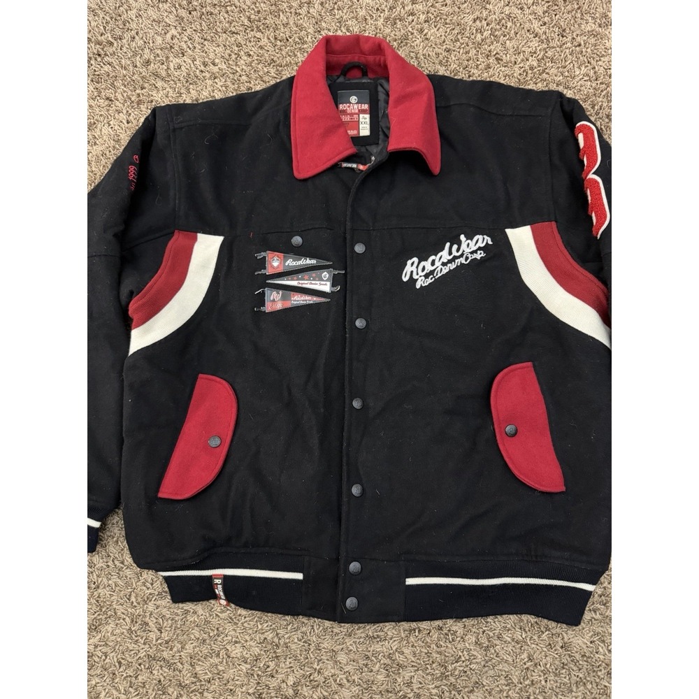 Vintage 1999 ROCAWEAR Button Up Embroidered Jacket Black Red Men's Size 2XL - Picture 2 of 11
